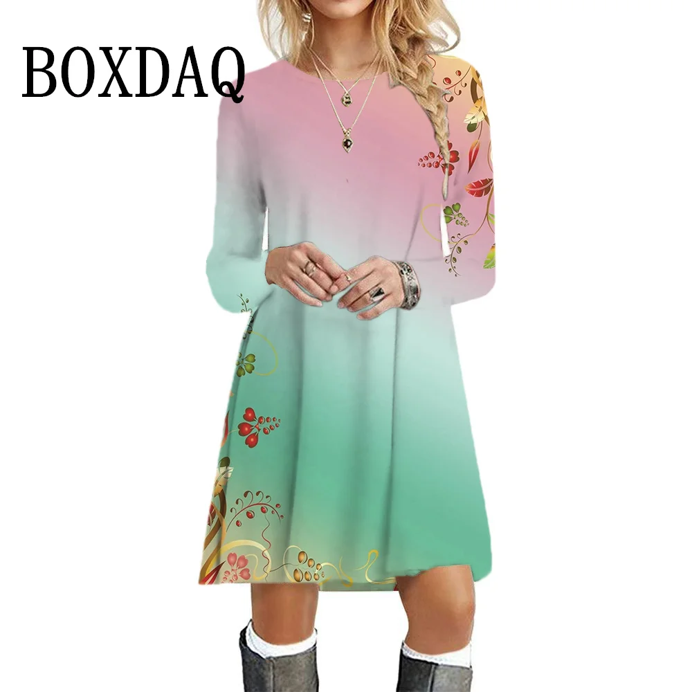 Fashion Autumn Dresses 2024 Winter Long Sleeve Gradient Print Dress Women Loose A-Line Dress Casual Sweet Mini Dresses For Women
