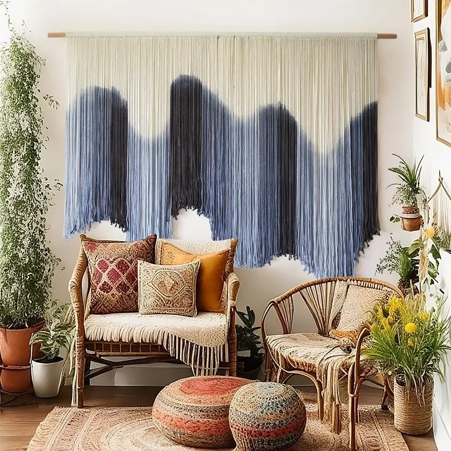 

Настенный гобелен IOWER из макраме, большой, синий, окрашенный в технике дип-дай, ручной работы, в стиле бохо, для гостиной и спальни