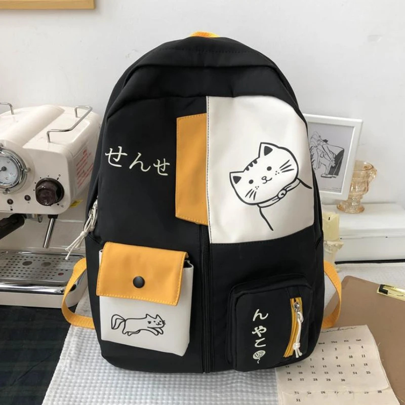 Mochila coreana con bonito gato de dibujos animados para mujer, mochila escolar para estudiantes de secundaria, mochila de viaje impermeable de nailon de gran capacidad