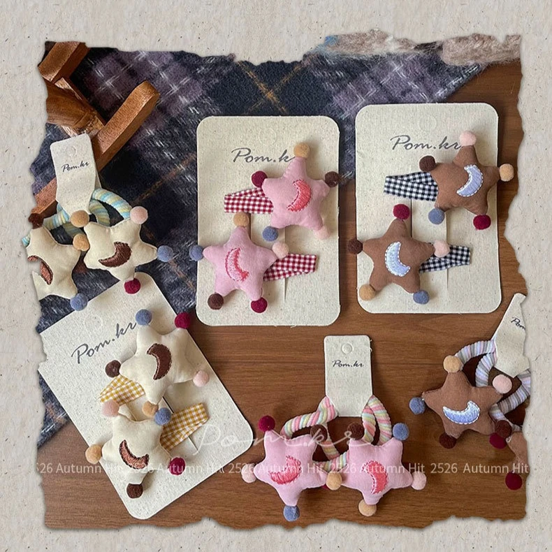 

New Pom Pom Five Pointed Star Hair Clips for Kids Handmade Fabric Side Bang Barrettes Fringe Holders Pair Ponytail Hair Ties