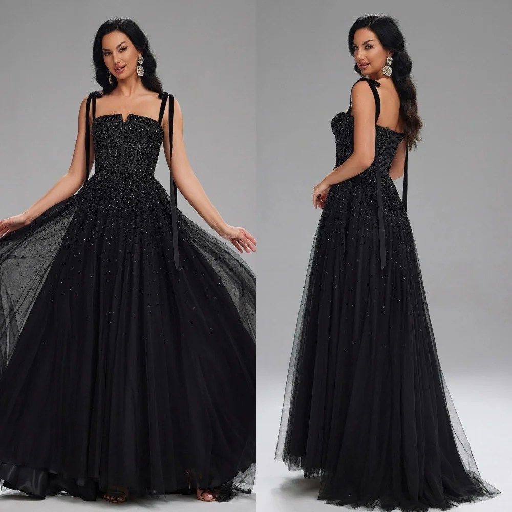 

Customized Intricate Modern Style Tulle Pleat Draped Sequined Beading A-line Spaghetti strap Long Dresses Bespoke Occasion Dress