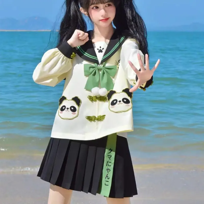 Giapponese carino stile Lolita Jk uniforme Set Cartoon Panda allentato colletto da marinaio Top Mini gonna a pieghe scuola donna Cosplay Fashion