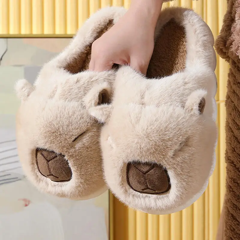 Mignon dessin animé Capybara coton pantoufles femmes 2025 hiver doux fond épais intérieur Couple diapositives chaud fausse fourrure chambre pantoufles