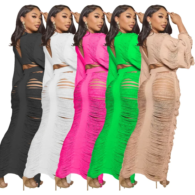 African Clothes for Women Summer Autumn African Long Sleeve V-neck Polyester 2 Pieces Top Long Skirt Matching Sets