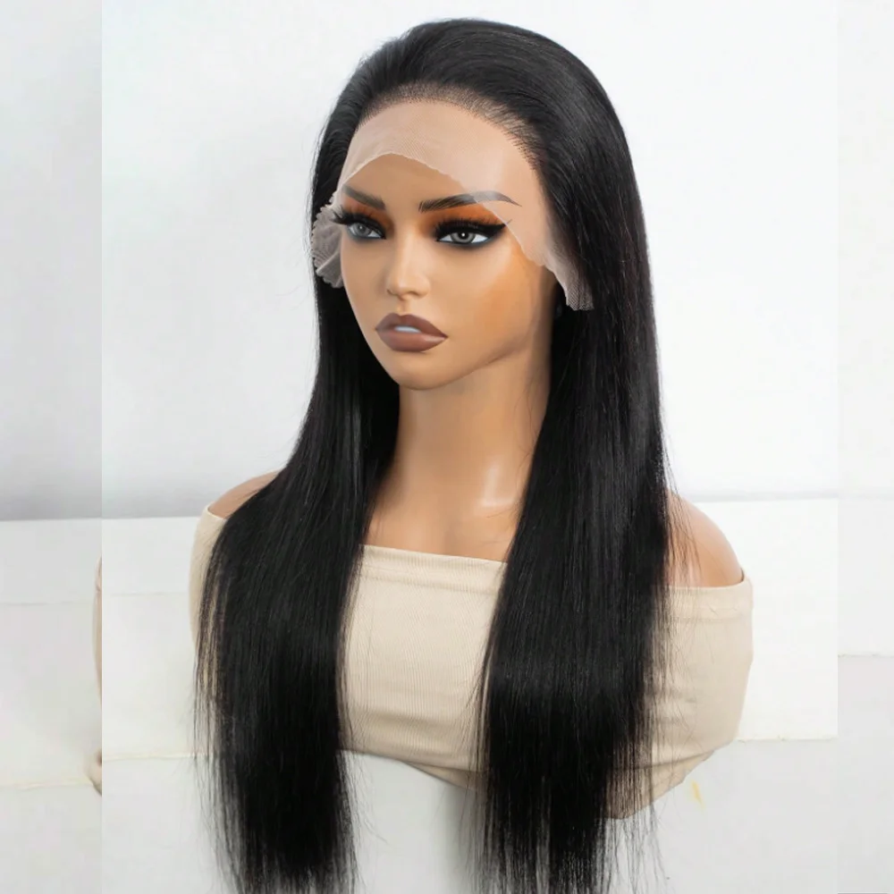 Longo parte livre 180dansty macio preplucked sem cola preto cabelo reto peruca dianteira do laço sintético para mulheres com cabelo do bebê diariamente