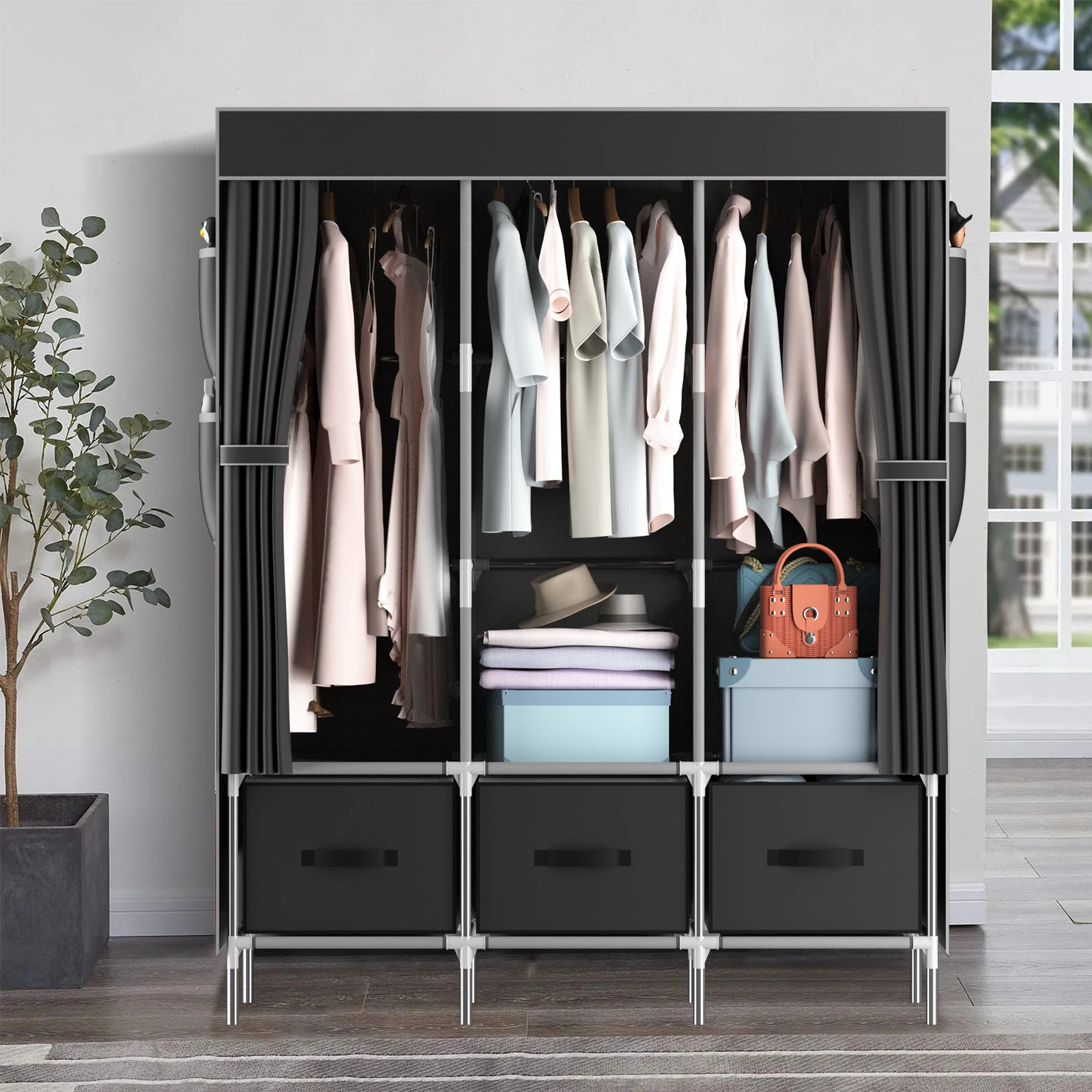 Canvas Wardrobe, Portable wardrobe Pop up wardrobe,Versatile Fabric Wardrobe with 3 Storage areas and 3 Hanging Rail 8 Side Bag