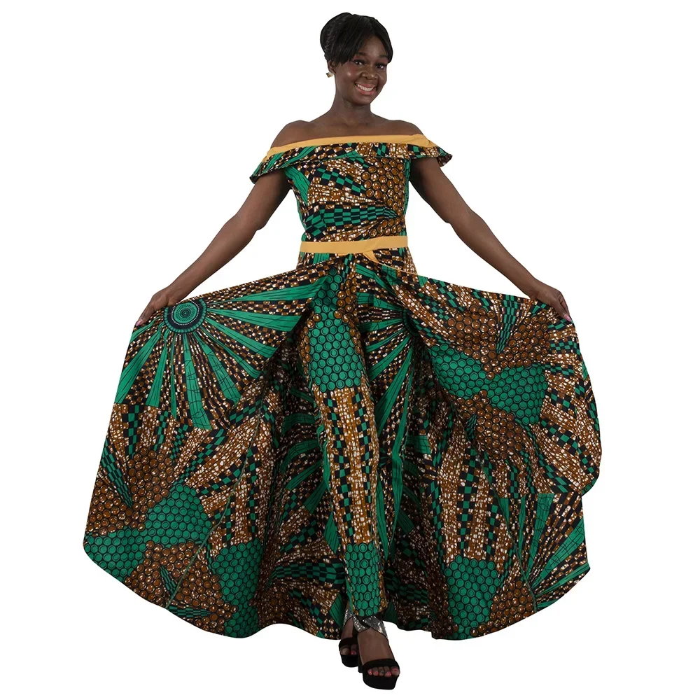 Mono elegante con hombros descubiertos para mujer, diseño africano Bazin, peleles sin mangas, pantalones largos Dashiki, talla grande wy6184