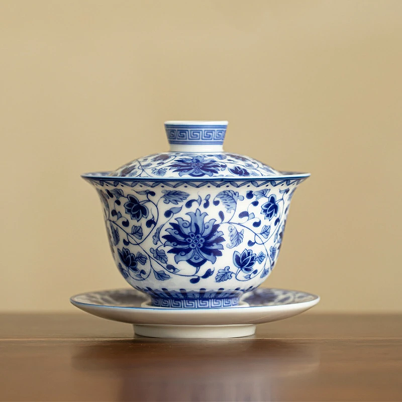 180ml Chinese Blue and White Porcelain Gaiwan Tradition Handmade Flower Ceramic Tea Tureen Portable Tea Bowl Teacup Teaware