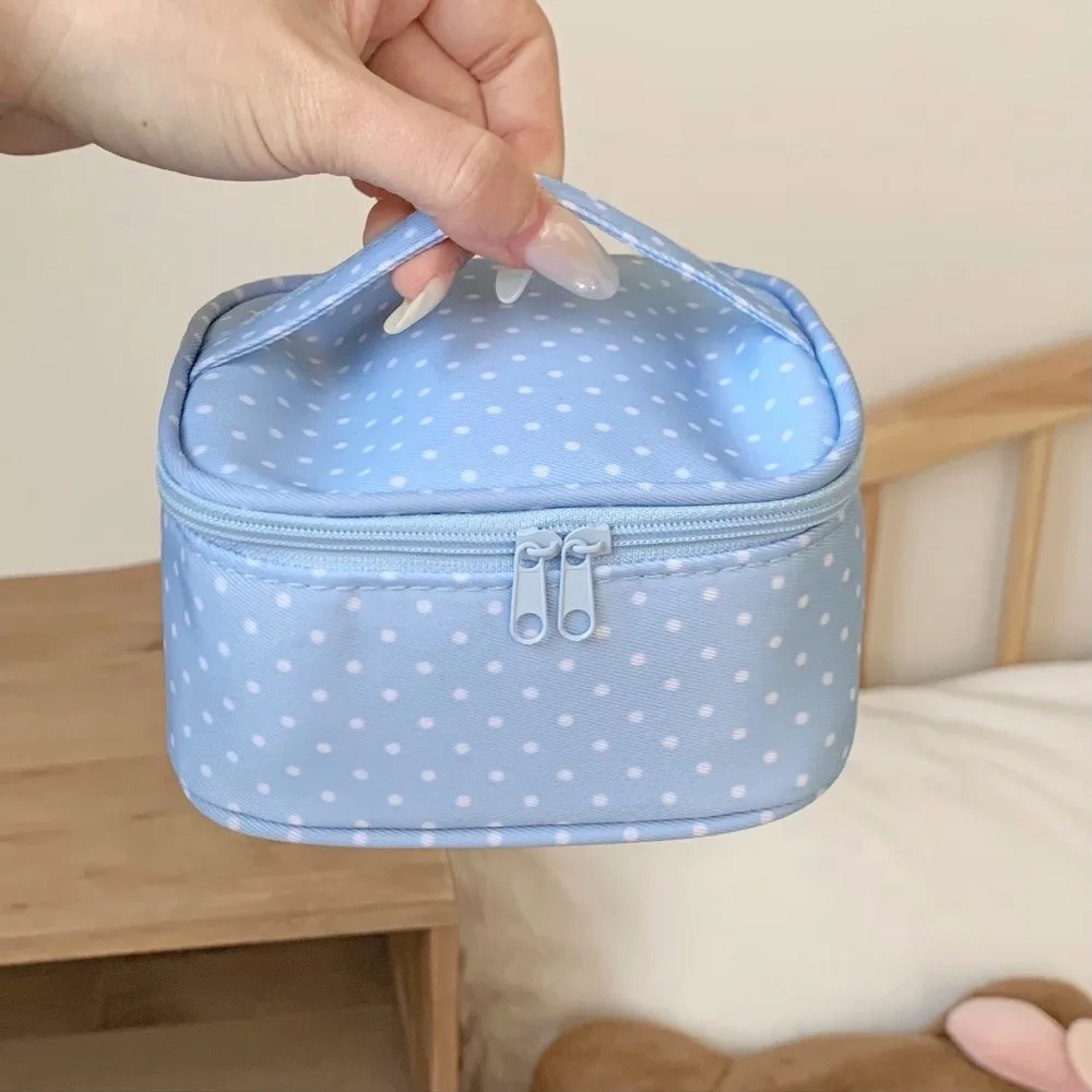 Polyester Polka Dot Makeup Bag Checkered Multi Size Travel Toiletry Storage Bag Light Blue Zipper Cosmetic Pouch Portable