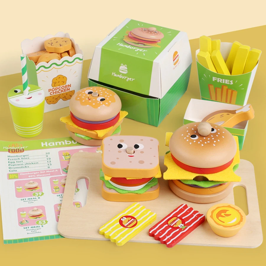 Ensemble de jeu de cuisine pour enfants, hamburger, frites, nourriture, maison de jeu, Hamburger, Sandwich, empilage, cuisine, jouet de jeu pour enfants, cadeau de noël