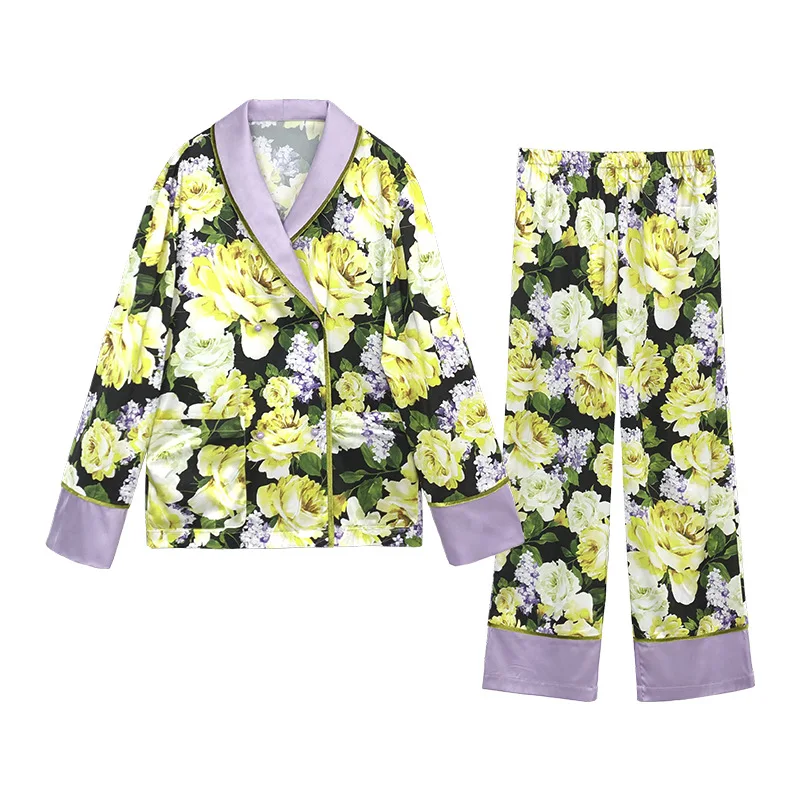 Conjunto de pijama de seda floral estampado feminino, roupa de cetim, manga comprida, roupa para casa, temperamento, 2 peças