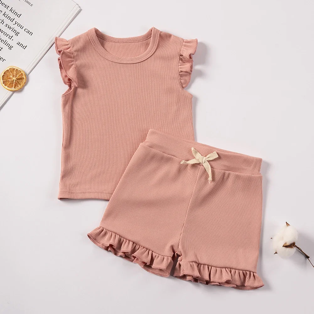 Summer Girls Clothes Sets 2pcs Fly Sleeve T-shirts Ruffle Shorts T-shrits Set Toddler Girl Clothes Suits Sleepwear Kids Clothing