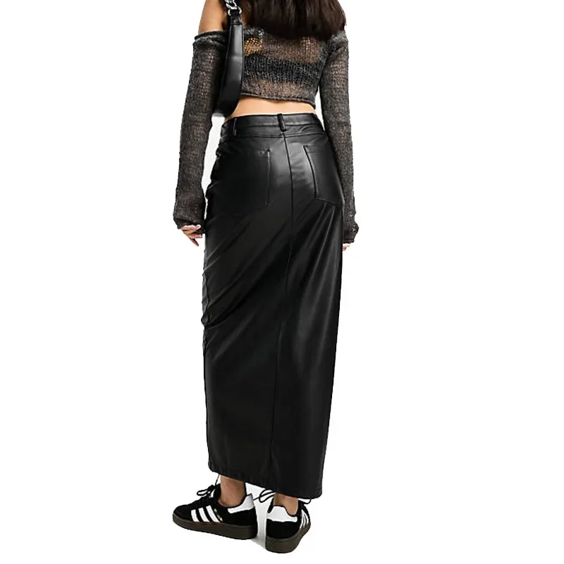 

Women Long PU Leather Bodycon Midi Skirts Front Slit High Waist Straight Fashion Skirt Pocket Pu Skirt New Fall Winter 2024