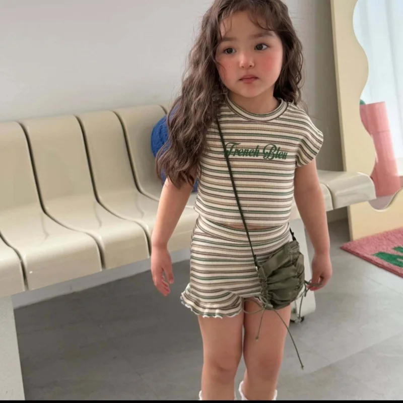 2026 Summer New Baby Casual Striped Clothes Set Cute Girls Short Sleeve Tops + Shorts 2pcs Sportwear Suit Cotton Toddler Outfits
