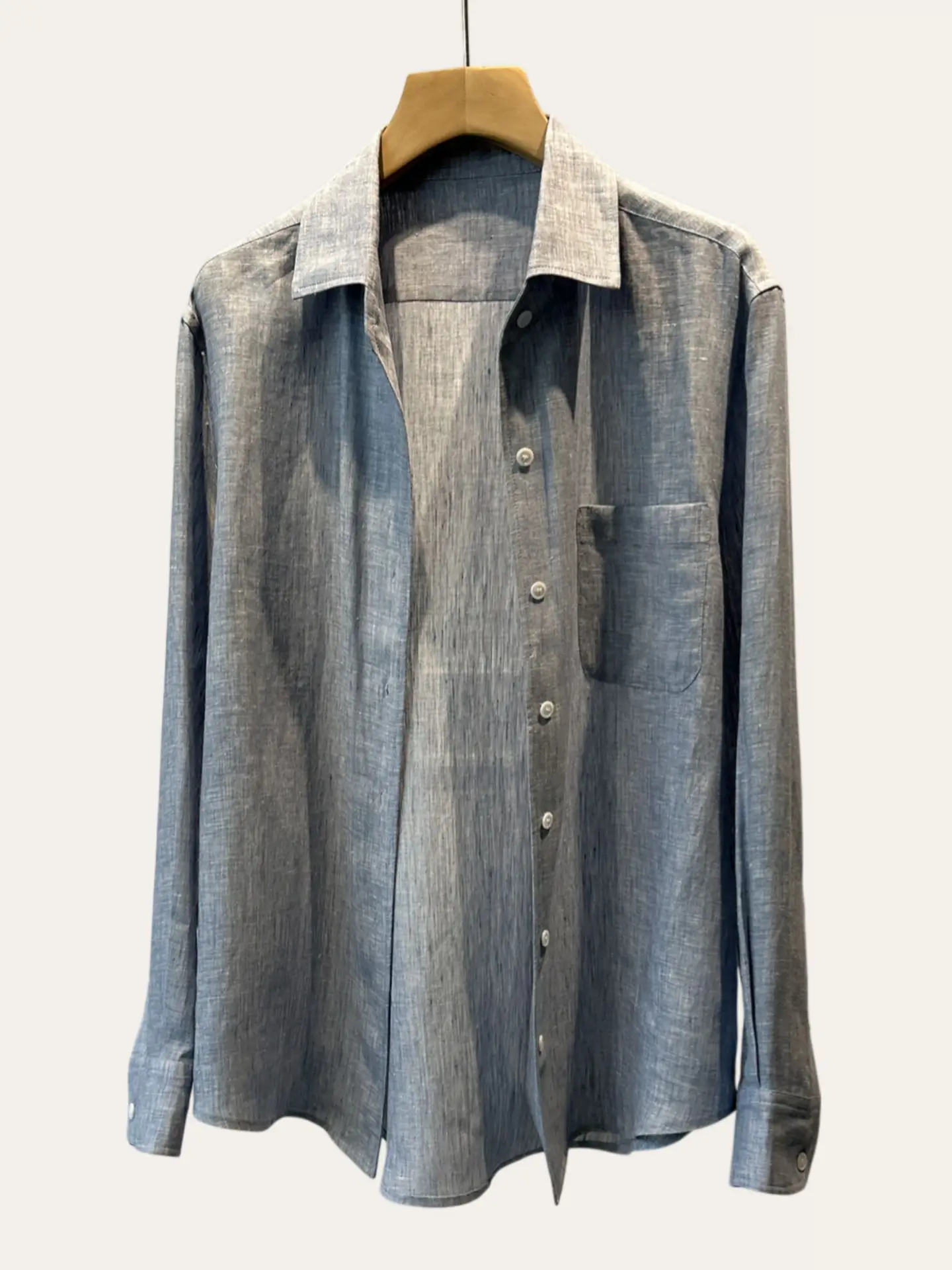 

High-End Women's Linen irt Long Sve Color-Woven Pure Linen Cool Feeling Desk Top 2W Raindrop Light Blue Spring New Arrival