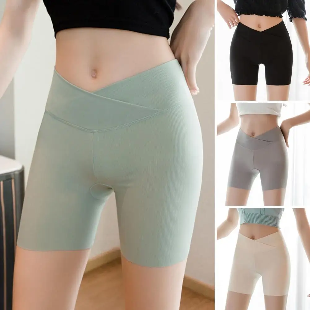 Women Safety Shorts Cross Waistband High Waist Ice Silk Seamless Yoga Leggings Solid Color Ultra-thin Bottoming Shorts 안전반바지