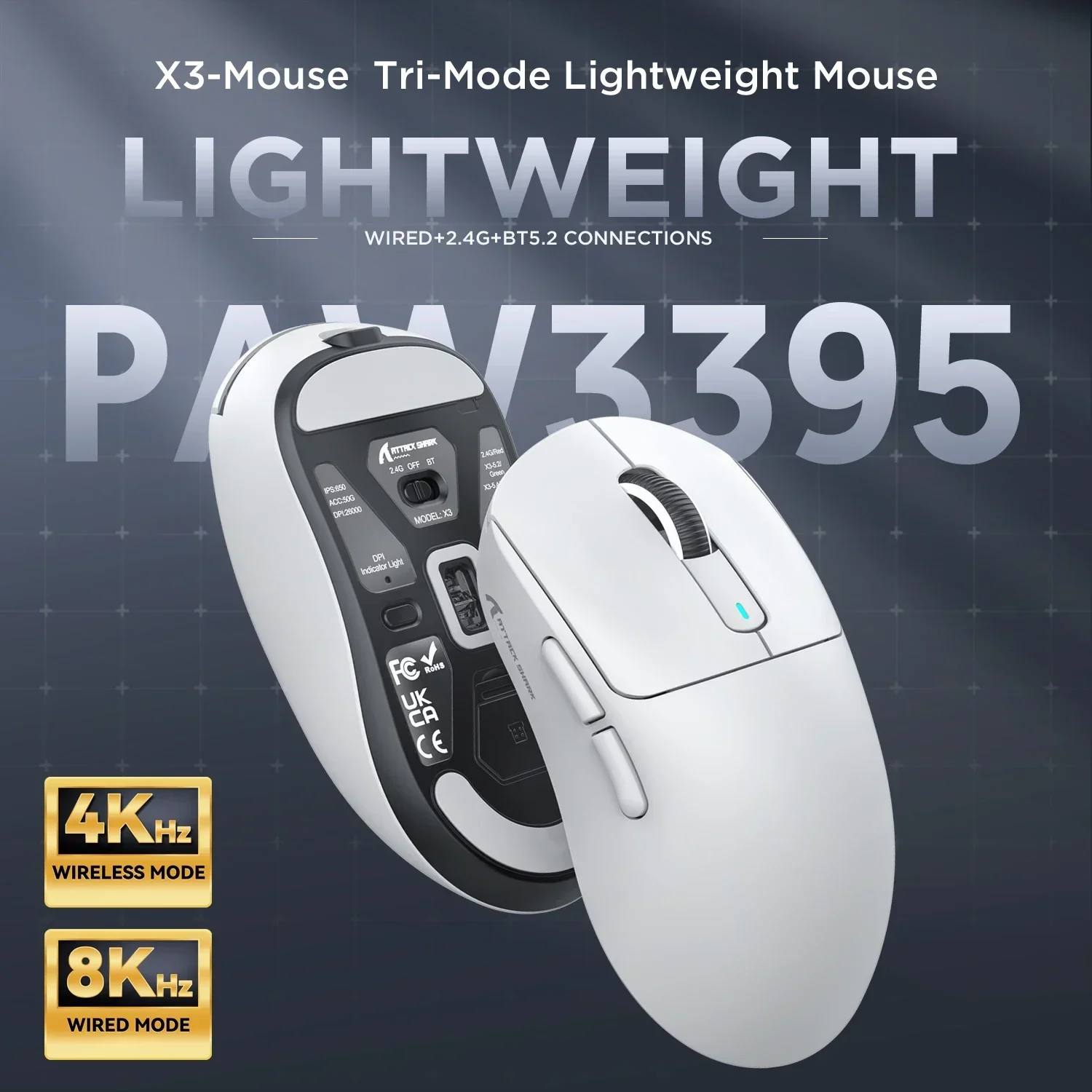 Imagem -02 - Ataque Shark-x3pro Ultraleve Gaming Mouse Modo Triplo Conectividade Macro Gaming Mouse 4k 8khz Paw3395 26000dpi Jogo Eletrônico