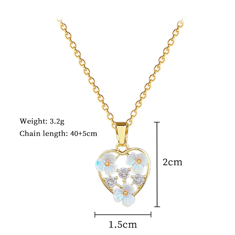 DIEYURO 316L Stainless Steel White Shell Flower Zircon Inlay Heart Pendant Necklace Lady Luxury Waterproof Neck Chain Jewelry