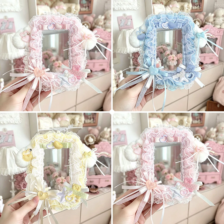 Handmade Square Lace Ruffled Photocard Holder with Plush Ear,Satin Bow,Heart Star Bear Decor,3 Inch Clear PVC Sleeve for Idol Card,Anime Card,3‑inch Photo,Collectible Card Protective Display Shell,Fandom Decorative Pho