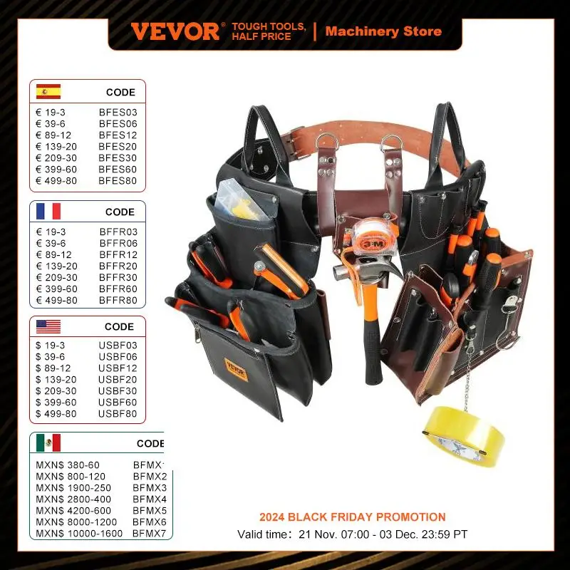 VEVOR 31 Pockets Tool Belt Pounch Adjusts 32 In to 54 In Leather Detachable Tool Storge Bag for Electrician Carpenter Handyman