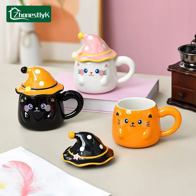 Cute Ghost Cat Ceramic Mugs with Lid Cartoon Coffee Cups Couple Milk Cup Breakfast Mug Halloween Birthday Gifts