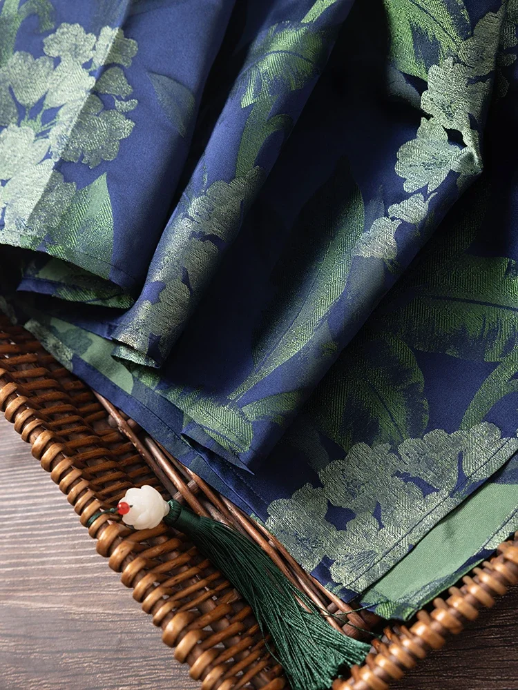 Blue Green Embroidery Flower Intangible Cultural Heritage Song Brocade Natural Mulberry Silk Vintage Elegant Light Luxury Skirt