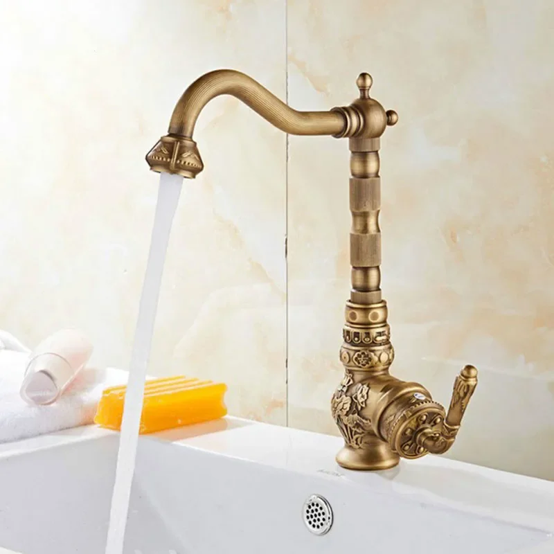 

Basin Faucets Antique Brass Single Handle Water Faucet Hot Cold Mixer Taps Luxury Deck Mounted Sink Tap Bathroom Faucets Retro