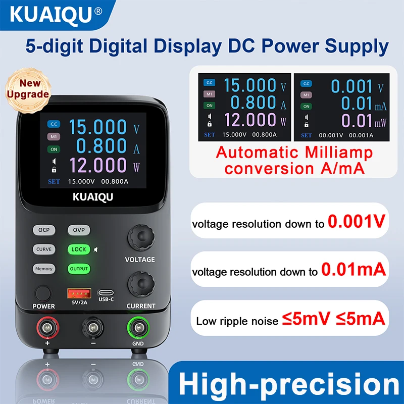 Five Digit DC Power Supply Laboratory Adjustable 30V 10A Lab Bench Source OCP OVP Output Curve Chart 4 Sets of Storage USB-A/C