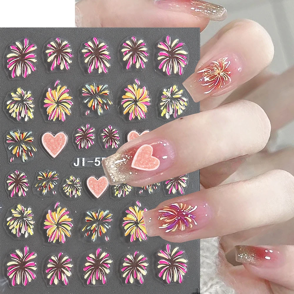 5D Colorful Fireworks Nail Stickers Shining Blooming Pyrotechnics Love Heart Decals 2024 New Year Manicure Decoration LEBJI-5D91