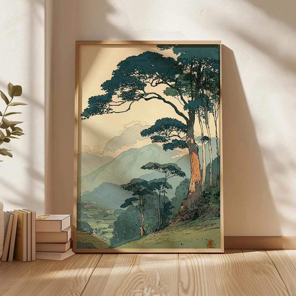 Vintage Japanese Forest Poster Tranquil Mountain Landscape Wall Art Retro Nature Print Minimalist Tree Scene, Serene Home Decor