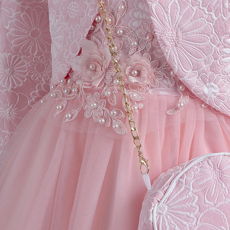 2024 New Girls' Gowns Puffy Yarn Princess Dress Three Piece Set High end Long Sleeve Birthday Wedding Dress