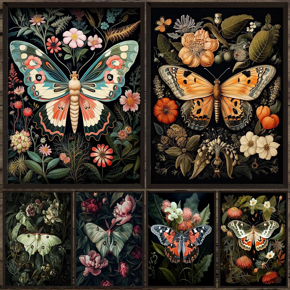 

Butterfly And Luna Moth Vintage Goth Wall Art Canvas Painting,Dark Botanical Whimsigoth Art Psoter And Prints Home Decoration