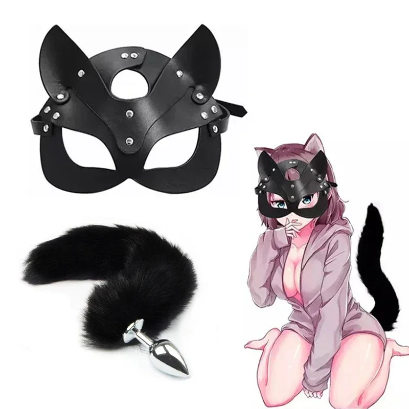 Cosplay Fox Mask Tail Metal Anus Butt Plug PU Leather Half Cat Mask Conjugal Party Sexy Adult Game BDSM Suit Sex Toys Woman