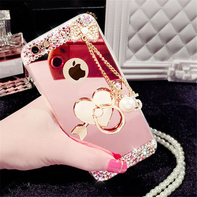 Luxury Diamond Soft Mirror Cover with 360 Ring Rhinestone Case, for iPhone 15, 14Pro, 12Pro, 13Pro Max, Cover