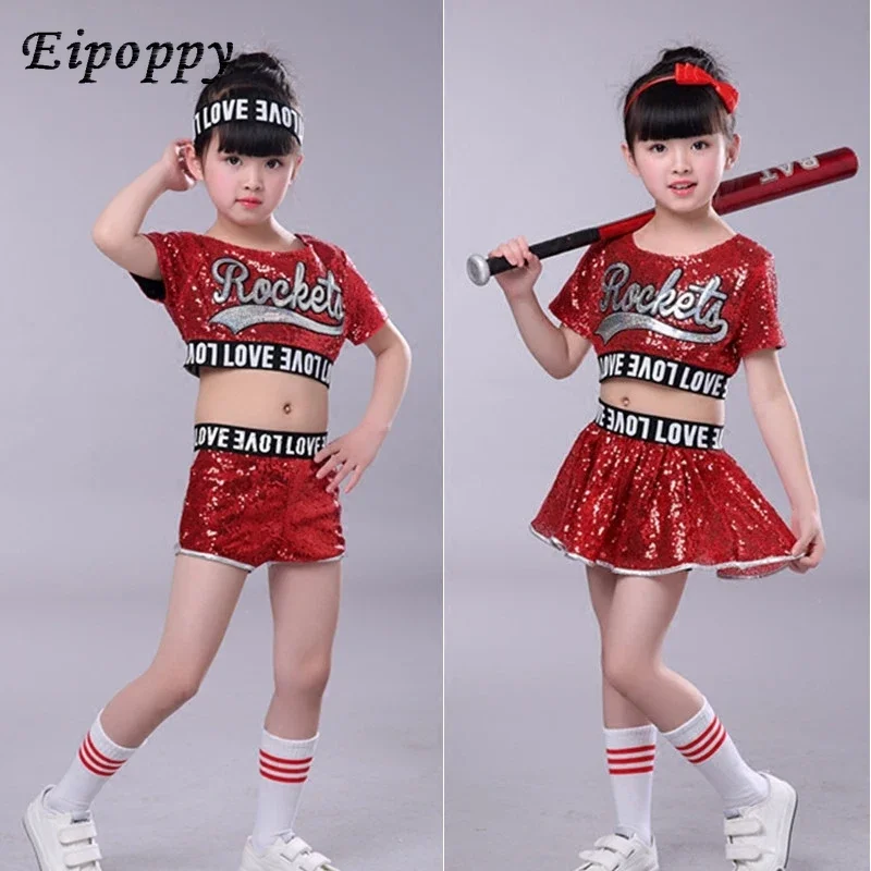 

Children's jazz dance costumes girls exposed navel modern dance clothes children's sequins cheerleading apparel new