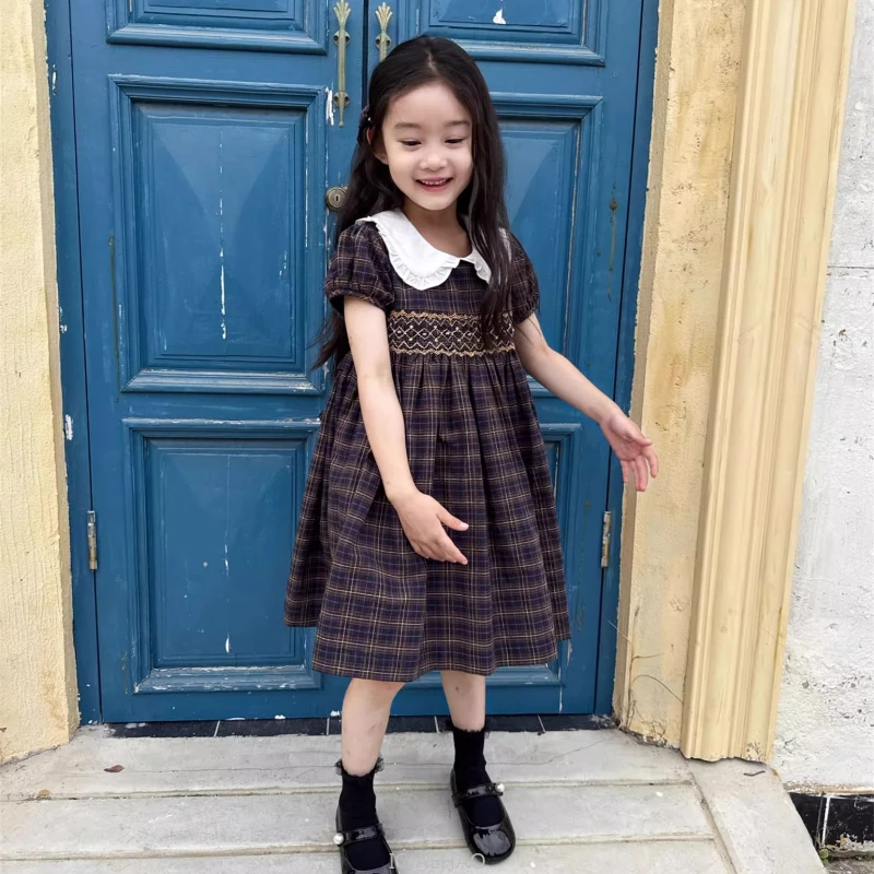 Teen Girl Clothes 2024 Children Vintage Dark Plaid Hand Smocked Costume Kids Girls Short Sleeve Dress White Doll Collar Outfit