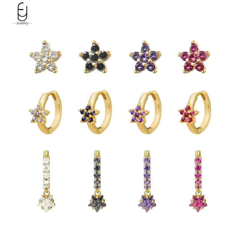 

925 Sterling Silver Needle Colorful Crystal Star Stud Earrings for Women Fashion Five-Pointed Star Hoop Earrings Luxury Jewelry