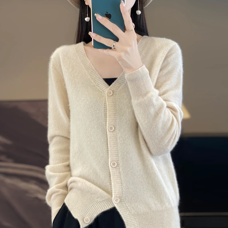 Autumn Winter 100% Merino Wool Cardigan Women Cashmere V-neck Sweater Long Sleeve Solid Knitwear Female Bottoming Soft Clothes