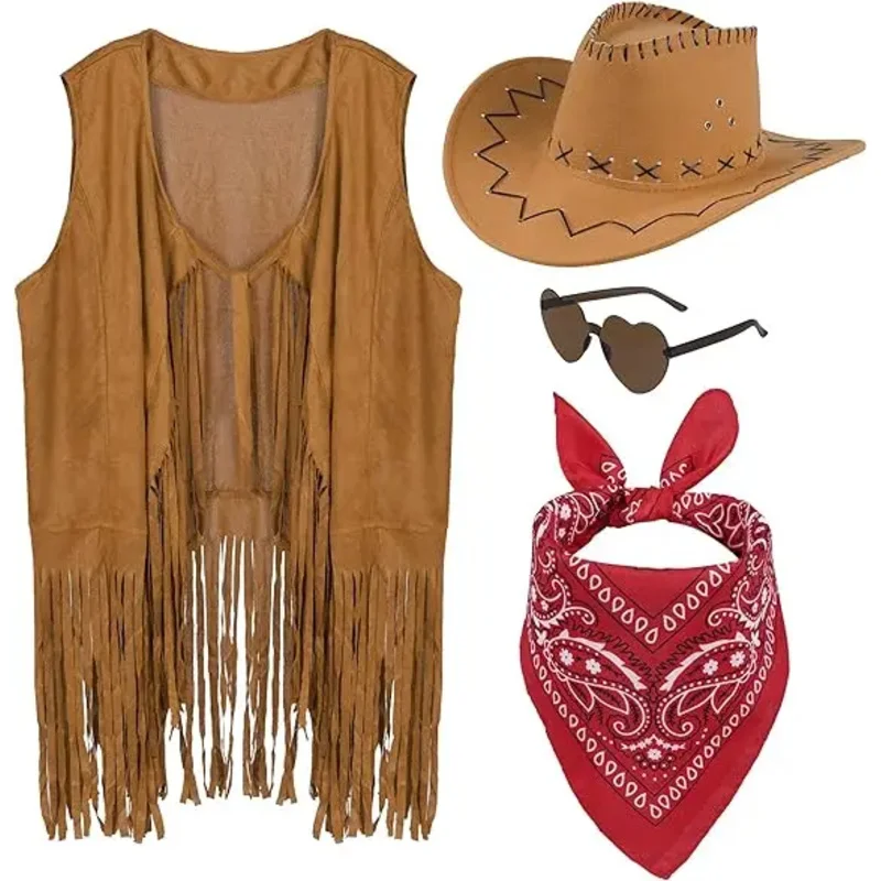 

Western Cowgirl Outfits Set Fringe Vest Cowboy Hat Sunglasses Bandana Women men Halloween Costumes Dress Up Wild West Cosplay