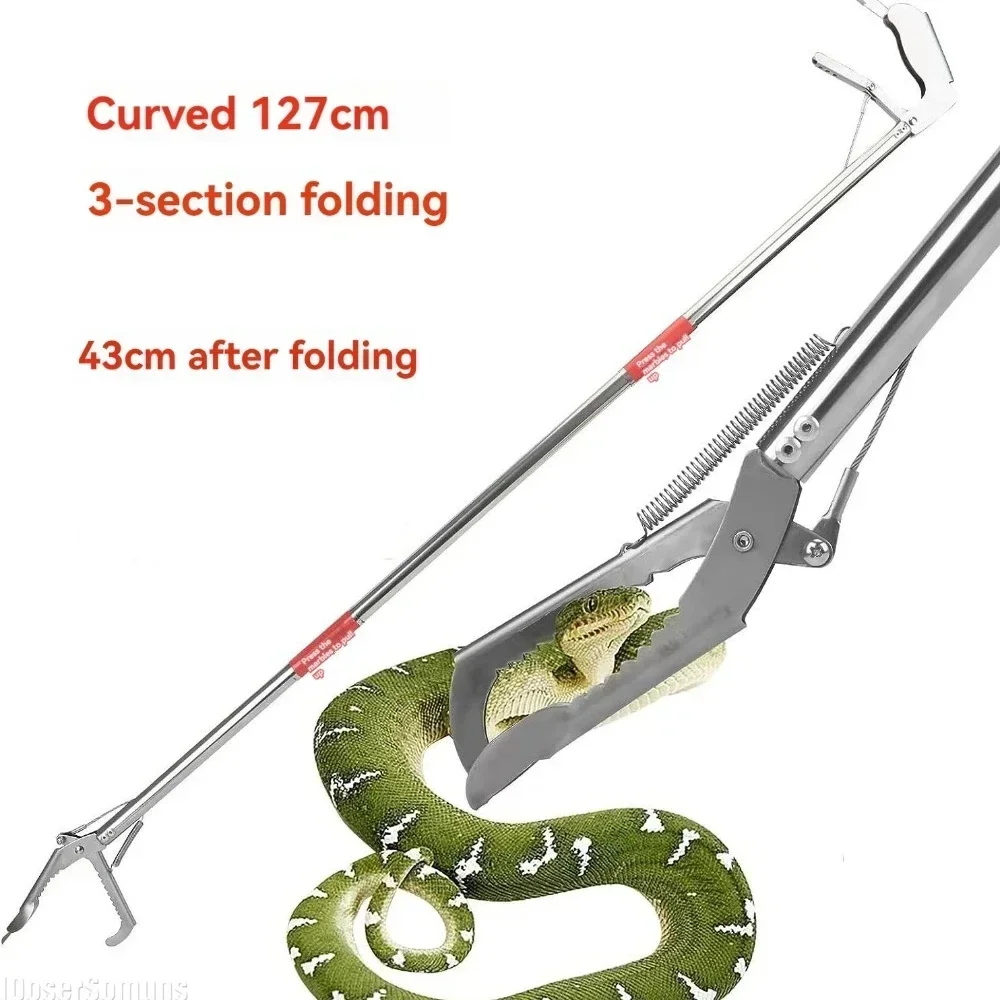 Stainless Steel Extended Two Types Head Snake Catcher Tongs Snake Hook Catcher Tool for Outdoor Foldable Reptile Grabber Tool