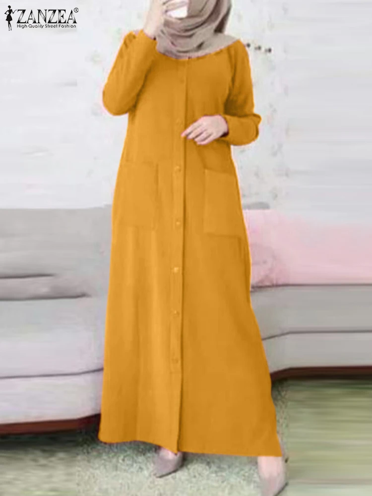 ZANZEA Eid Mubarek Robe Abayas For Women Muslim Maxi Long Dress Fashion Long Sleeve Sundress Islamic Clothing Turkey Vestido