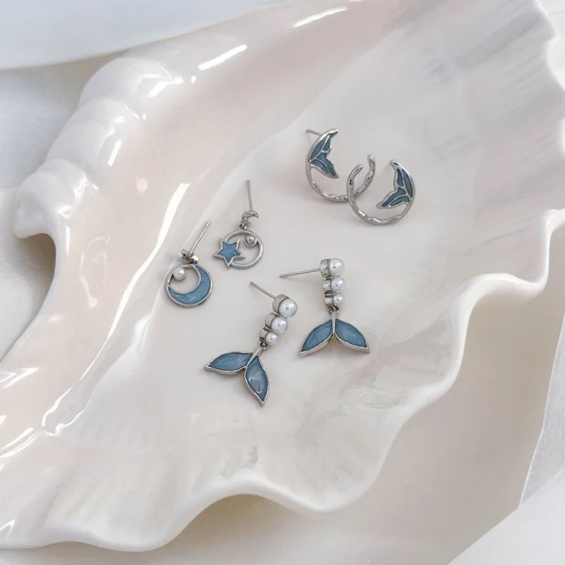 Light Blue Star Moon Pearl Earrings Delicate Asymmetric Design Elegant Pearl Decoration for Daily Dating Party Ear Accessories