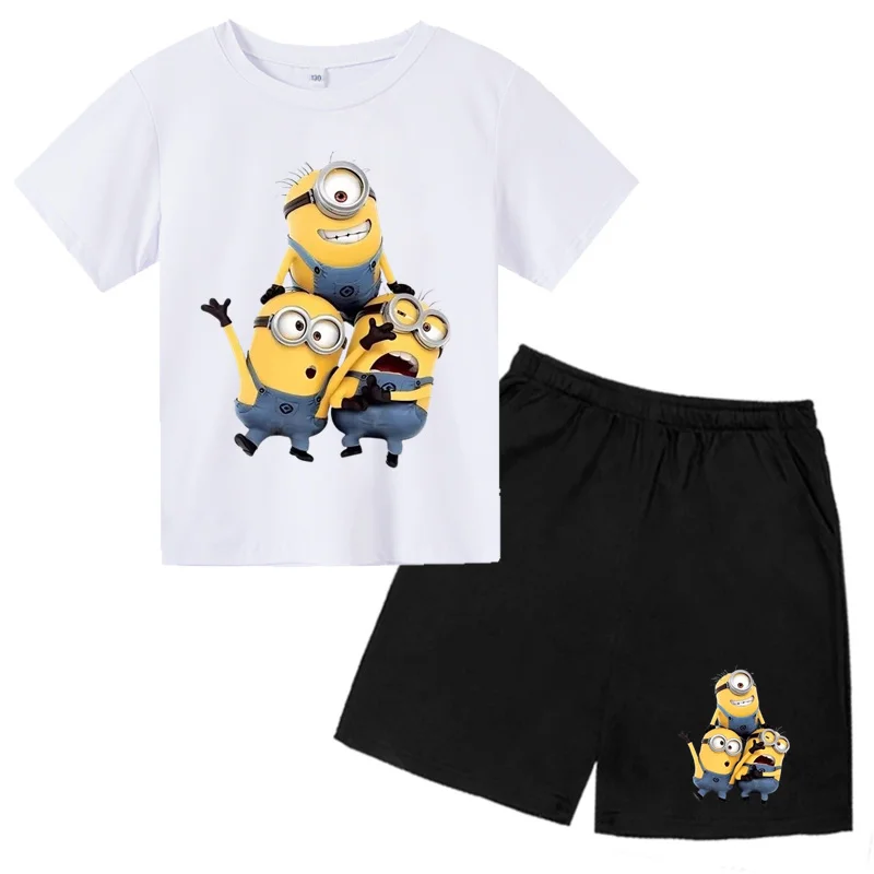 Kids T-shirt 2-piece set for boys and girls aged 2-12, casual outdoor sports short sleeved+shorts printed anime Minions