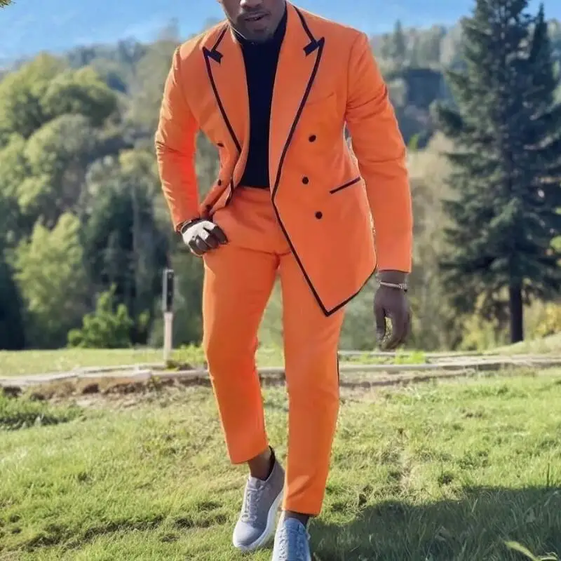 

2025 Casual 2 Piece Orange Men Suits Black Trimming Peaked Lapel Costume Homme Wedding Groom Tuxedo Party Suit Blazer Pants Sets