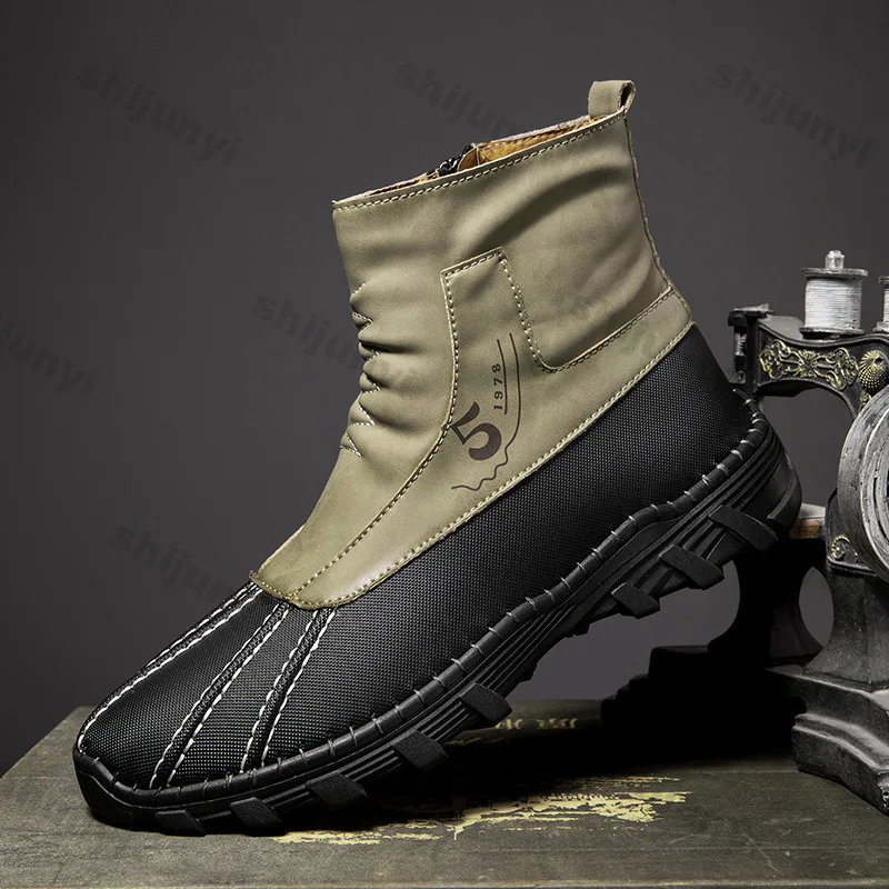 

Men's Side Zipper Casual Boots 2025 Winter New Fashion Round Toe Soft Sole Rubber Platform Western Boots Non Slip Flat Shoes