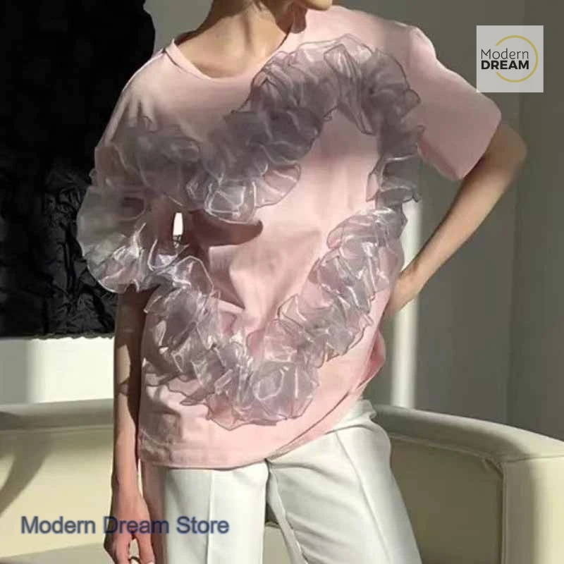 

French heavy industry design sense three-dimensional flower short-sleeved T-shirt women's spring and autumn fashion loose top