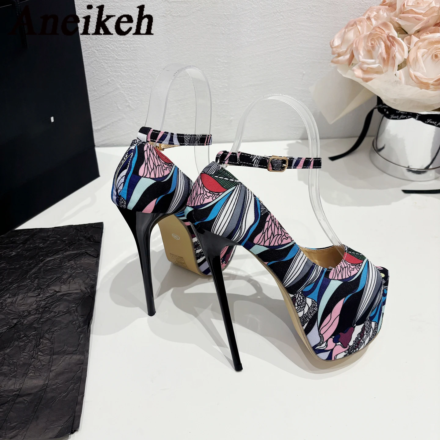 Aneikeh Fashion Design Hand-Painted Leather Platform Pumps Women Buckle Strap Sexy Peep Toe High Heels Strip Pole Dance Shoes