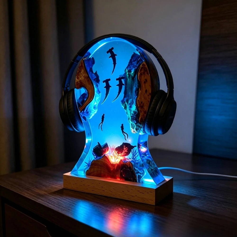 Deep Sea Solid Wood Resin Ornament Hammerhead Shark Diver Atmosphere Home Decoration Holiday Gift