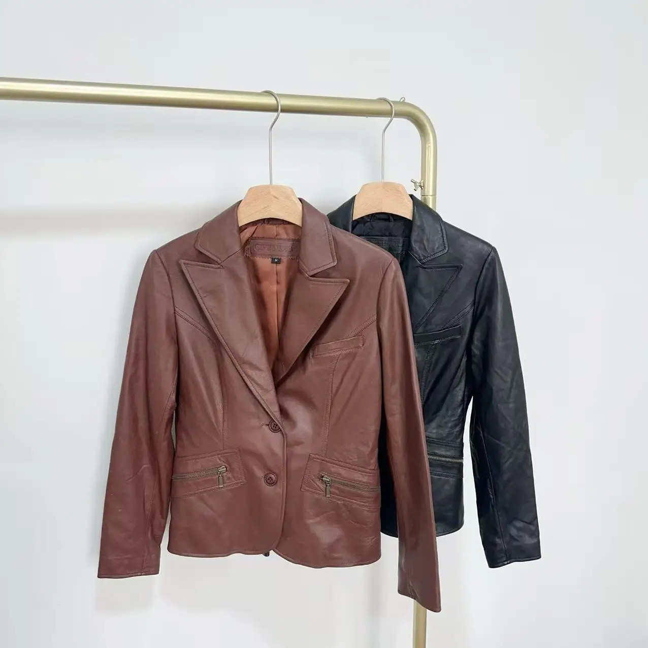 Retro Waist-Cinching Leather Jacket Slim Fit Turn-down Collar Zipper Pocket Hong Kong Style Women's Short Length Long Sleeve