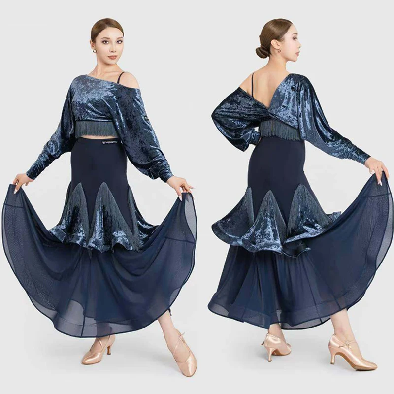 

Вальс, одежда для бальных танцев для женщин, костюмы для соревнований по латинским танцам, современные танцевальные костюмы, бархатный топ, юбка с кисточками, SL14848